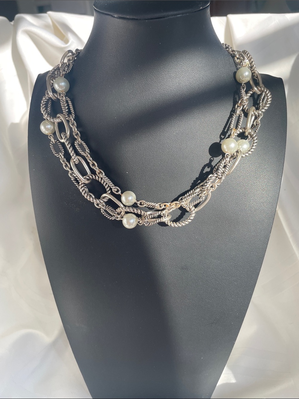 Multi-Strand Silver Tone Pearl Accent Necklace 17” long chocker style toggle